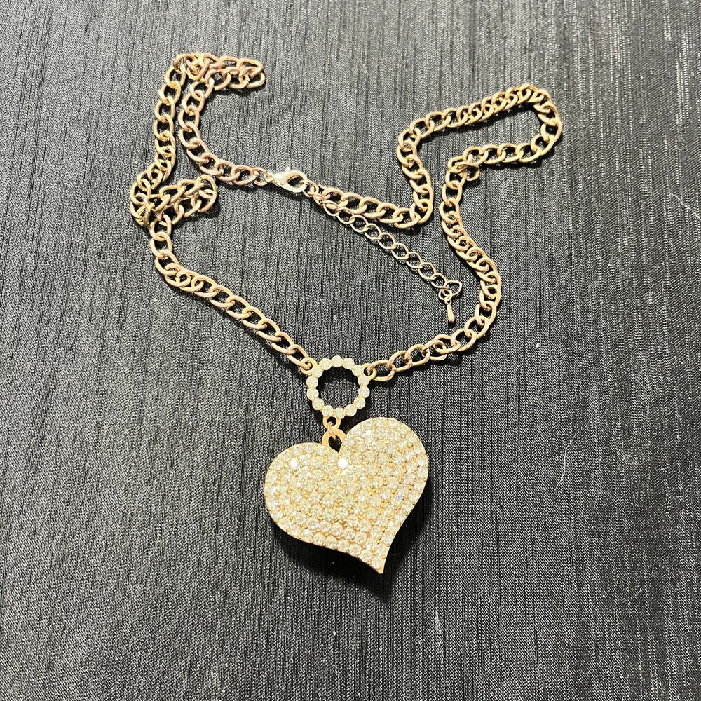 Unbranded Reversable Heart Necklace Copper Rhinestone Studs front Hearts on Back